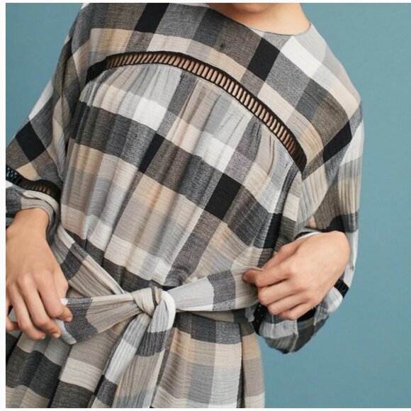 Anthropologie Maeve Buffalo Plaid Mini Dress / Kimono Tunic with Belt Tie Waist - Picture 4 of 16